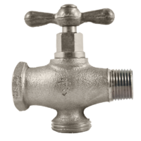 The Arrowhead Brass 250LF washing machine valve is nickel-plated and has a ½” Female Iron Pipe (FIP) connection with a ¾” MHT bottom bypass.