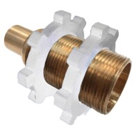 The Arrowhead Brass 55CC straight showerhead adapter comes with two white nylon nuts and has a ½” copper sweat connection x 1” MIP thread.