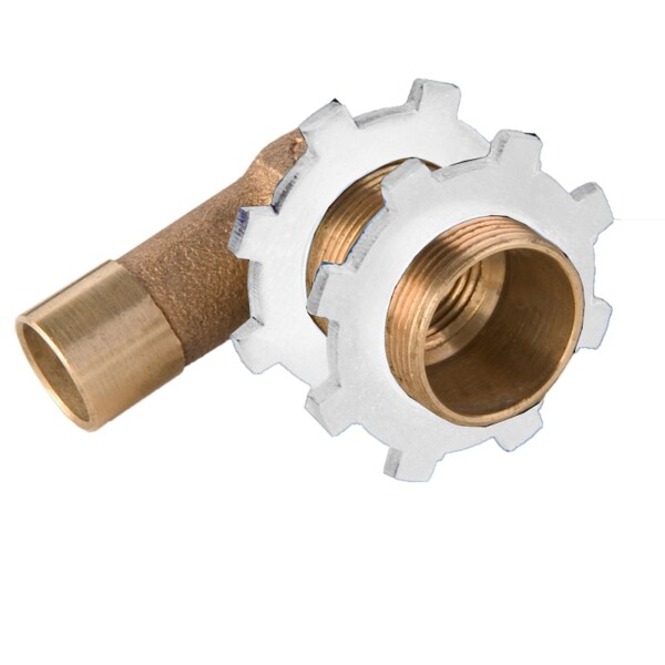 The Arrowhead Brass 56CC angle showerhead adapter comes with two white nylon nuts and has a ½” copper sweat connection x 1” MIP thread.