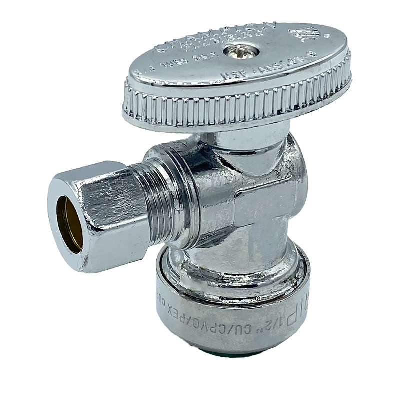 The Arrowhead Brass AS50R37C angle supply stop valves have self-lubricating Teflon seals and a double O-ring for safety.