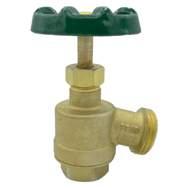 The Arrowhead Brass GV75F garden valve is lead-free. The GV75F has a ¾” female iron pipe (FIP) inlet and a bent nose design.