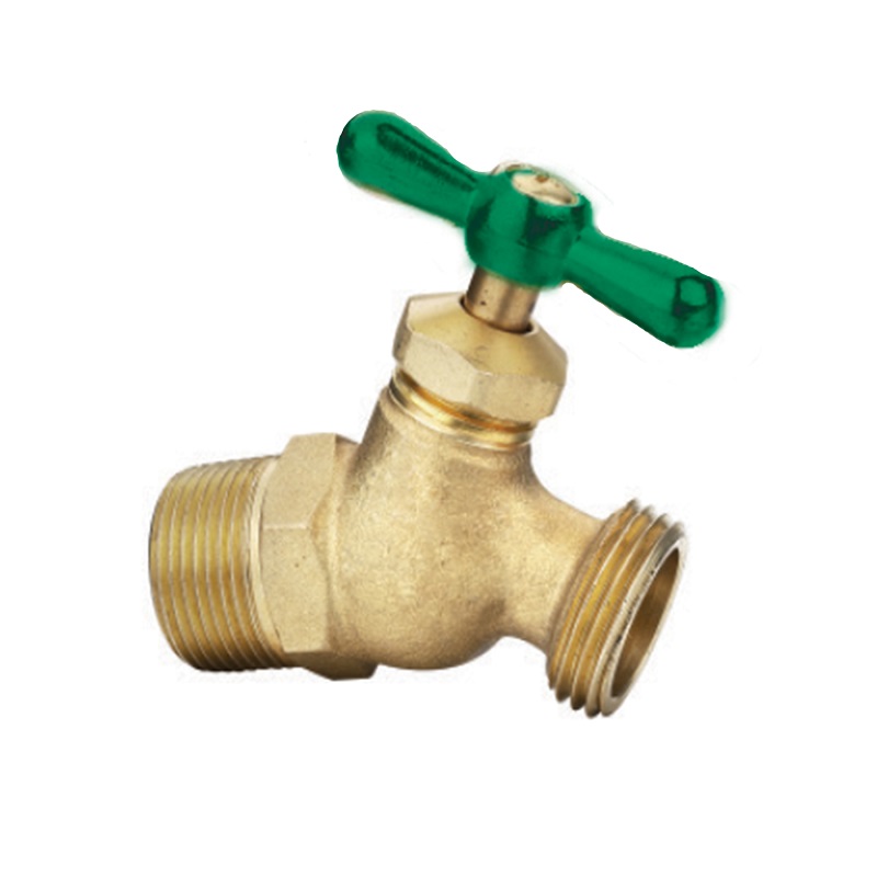 The Arrowhead Brass NK50M no kink hose bib is made from heavy patterned lead-free brass and has a ½” male iron pipe (MIP) inlet.