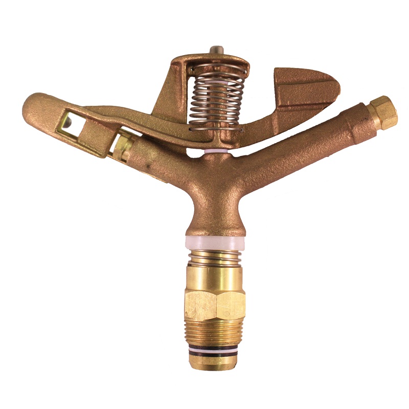 The Champion Irrigation 300-A-16-14 brass impulse sprinkler features brass construction with 1” male national pipe thread (NPT) connection, full-circle impulse spray, double opposing nozzles, and a diffuser pin. 