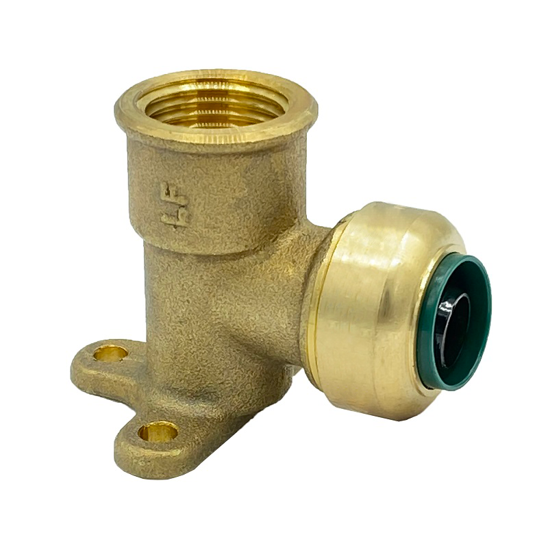 Arrowhead Brass RGE50-F push-fit elbow adapters are lead-free and allow for ease of installation on copper, CPVC, and PEX within seconds. The RGE50-F is ½” x ½” and has a female national pipe thread (FNPT) with a mounting flange.