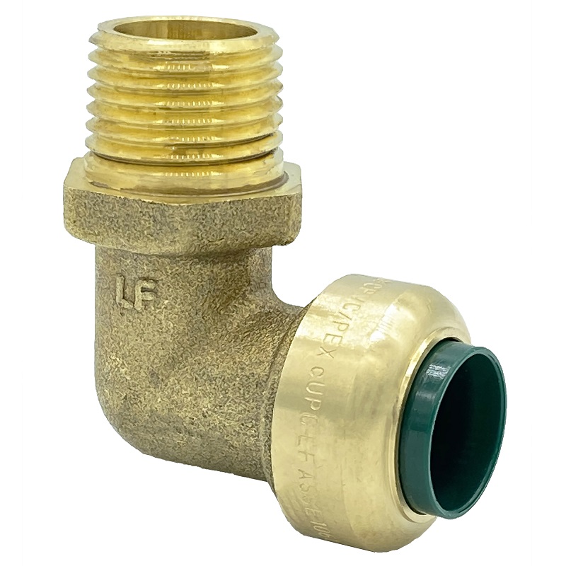 The Arrowhead Brass RGEA50M50 push-fit elbow adapters are lead-free and allow for ease of installation on copper, CPVC, and PEX within seconds. The RGEA50M50 is ½” x ½” with a male national pipe thread (MNPT) connection.
