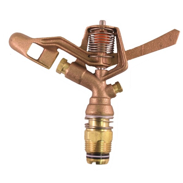 The Champion Irrigation S201-2 series brass impulse sprinkler features brass construction and full-circle adjustable spray, double nozzles, and ¾” male national pipe thread (NPT) connection.