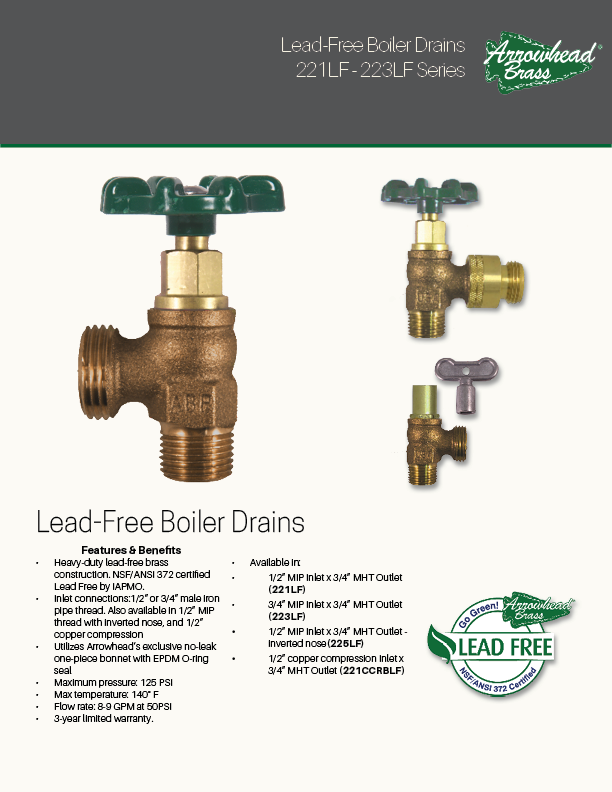 Arrowhead Brass 221LF-223LF Boiler Drains Spec Sheet