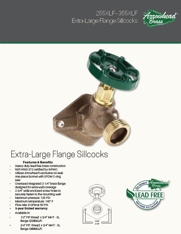 Arrowhead Brass Extra-Large Flange Sillcocks Spec Sheet