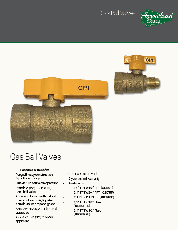 Arrowhead Brass Gas Ball Valves Spec Sheet