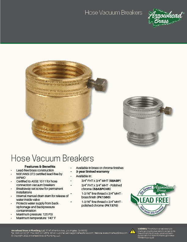 Arrowhead Brass Hose Vacuum Breaker Spec Sheet