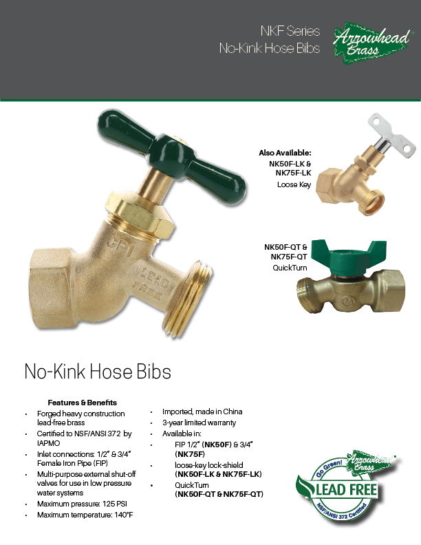 Arrowhead Brass NKF No-Kink Hose Bib Spec Sheet
