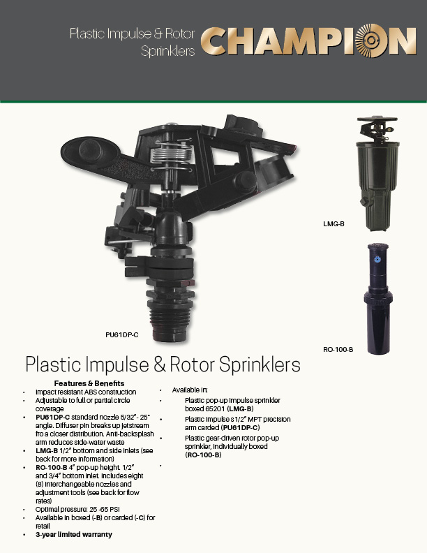 Champion Irrigation Plastic Impulse and Rotor Sprinklers Spec Sheet