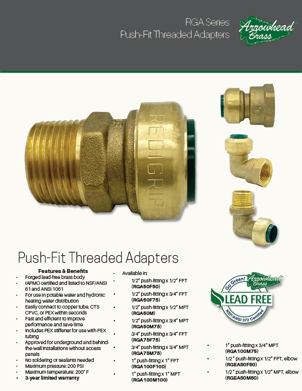Arrowhead Brass RGA Push-Fitting Threaded Adapters Spec Sheet