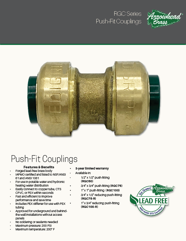 Arrowhead Brass RGC Push-Fitting Couplings Spec Sheet