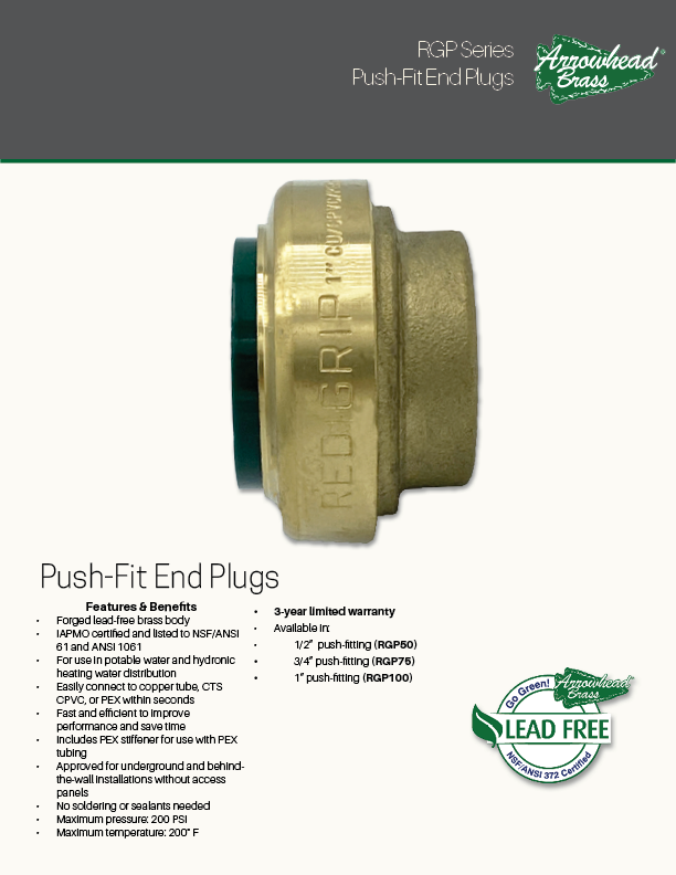 Arrowhead Brass RGP Push-Fitting End Plug Spec Sheet
