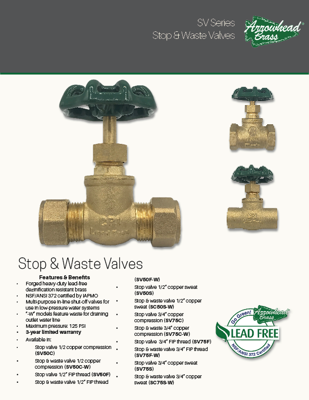 Arrowhead Brass SV Series Stop and Waste Valves Spec Sheets