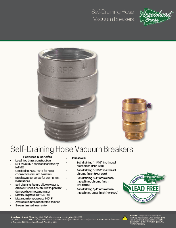 Arrowhead Brass Self-draining Vacuum Breaker Spec Sheet